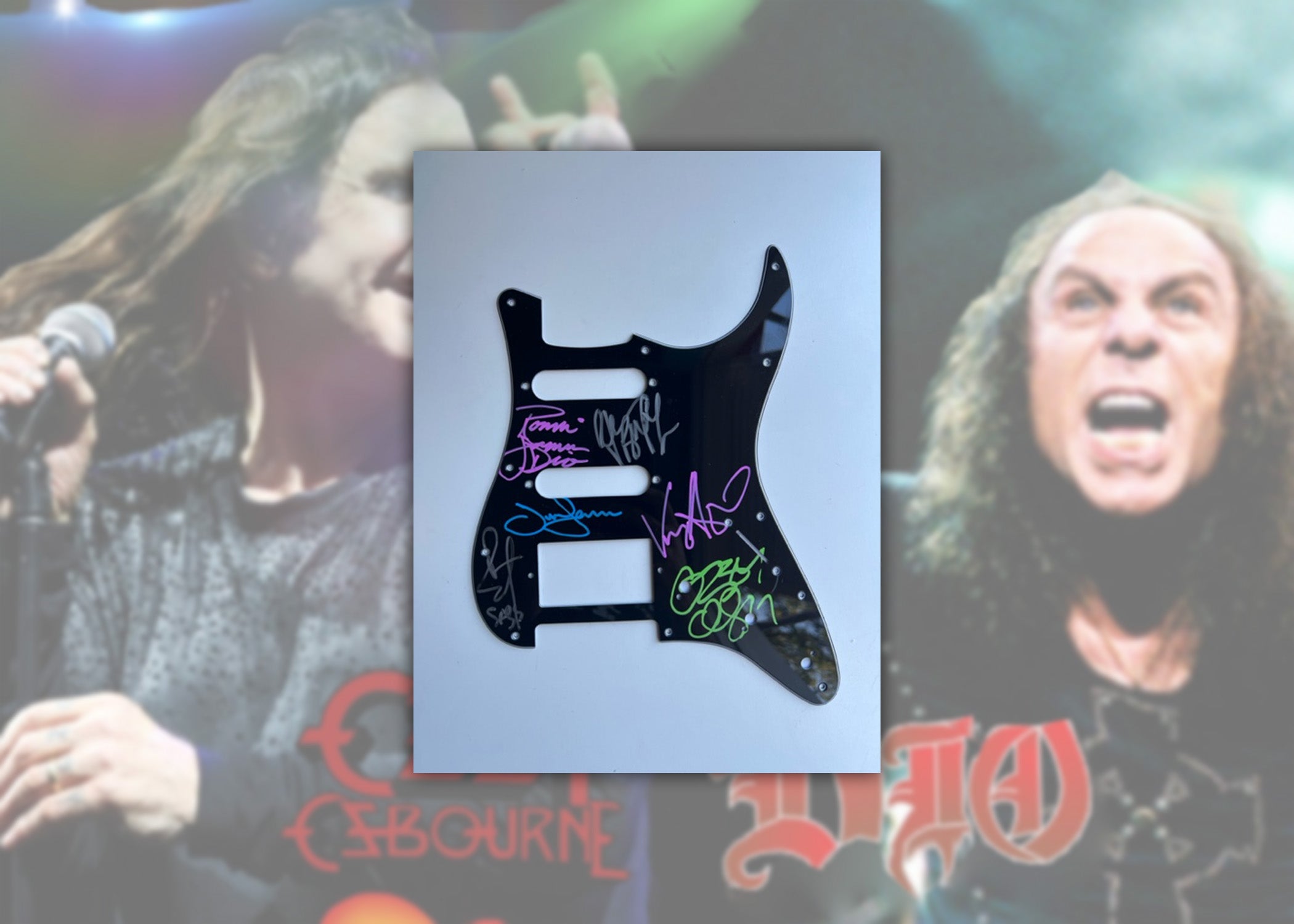 Ozzy Osbourne, Ronnie James Dio, Tony Iommi, Bill Ward, Geezer Butler, Vinnie Appice Black Sabbath Fender Stratocaster guitar pickguard signed with proof