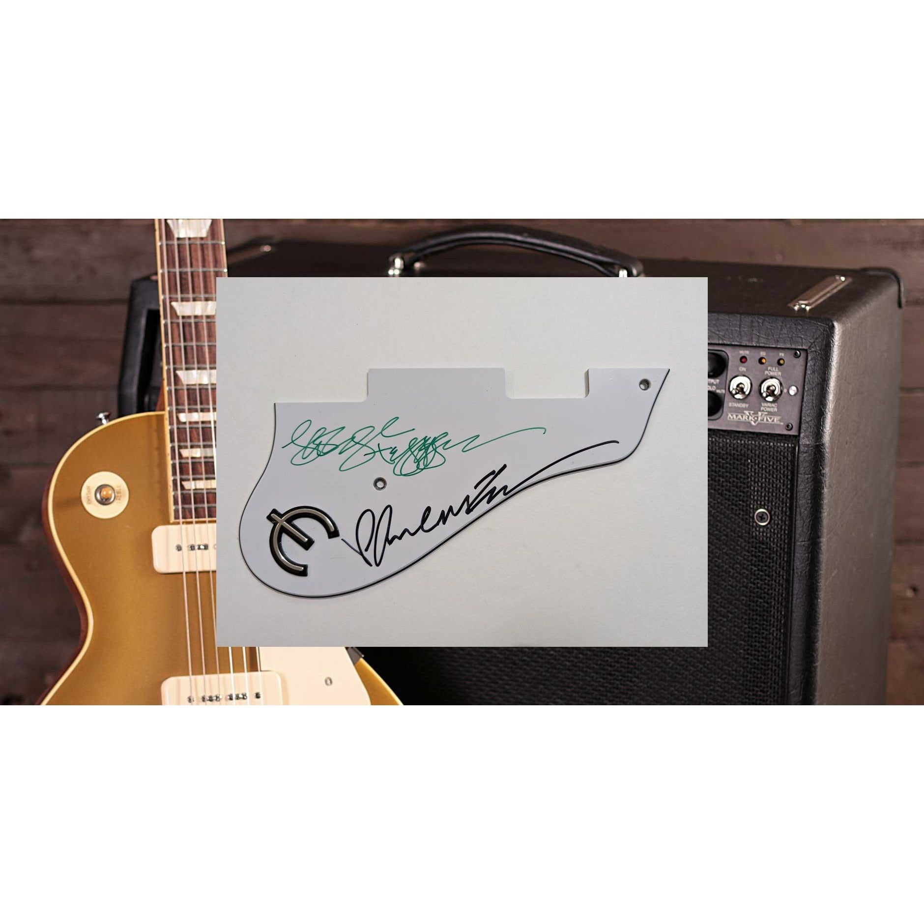 George Harrison and Paul McCartney Epiphone Gibson electric guitar pickguard signed with proof