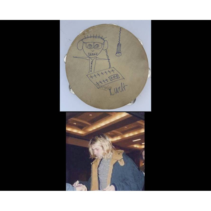 Kurt Cobain Nirvana vintage tambourine signed with hand sketch by Kurt