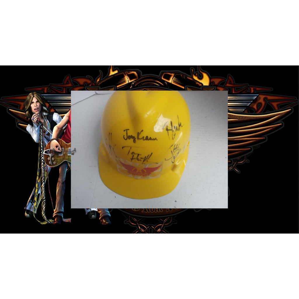 Aerosmith construction hat StevenTyler Joe Perry complete band signed