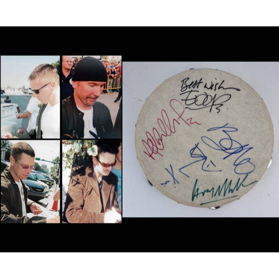 Paul Hewson Bono, The  Edge, Adam Clayton, Larry Mullen U2 10 inch tambourine signed with proof