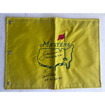 Load image into Gallery viewer, Jack Nicklaus Arnold Palmer signed and inscribed with their masters championships Masters embroidered pin flag with signing proof
