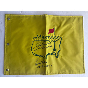 Jack Nicklaus Arnold Palmer signed and inscribed with their masters championships Masters embroidered pin flag with signing proof