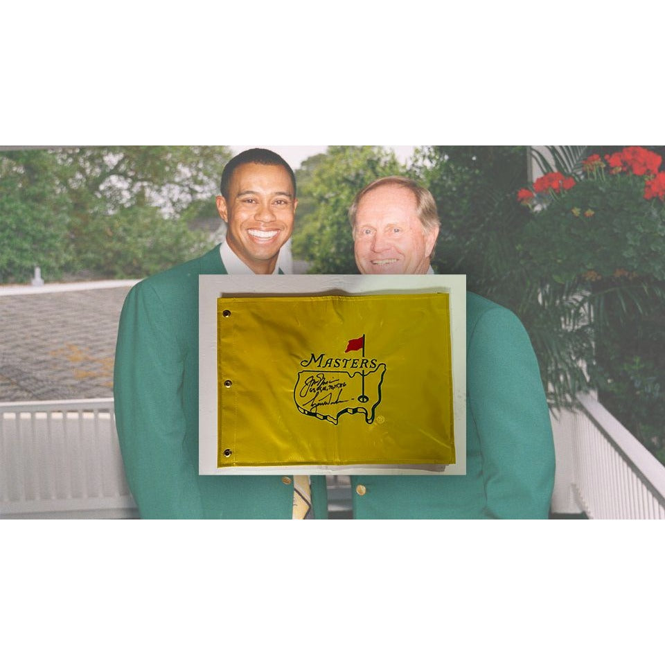 Jack Nicklaus and Tiger Woods Masters Golf pin flag signed with proof