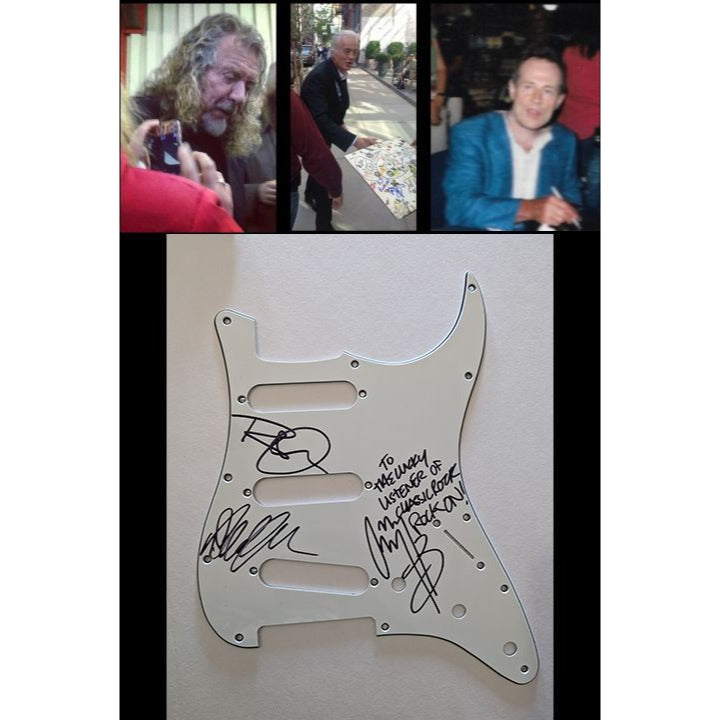 Robert Plant Jimmy Page John Paul Jones Led Zeppelin Fender Stratocaster electric guitar pickguard signed with proof