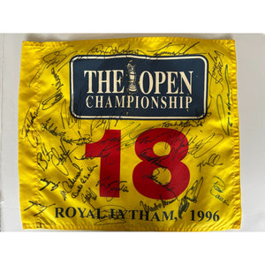 32 British Open Champions Tiger Woods Jack Nicklaus Arnold Palmer Greg Norman Tom Watson signed Open golf flag signed with proof