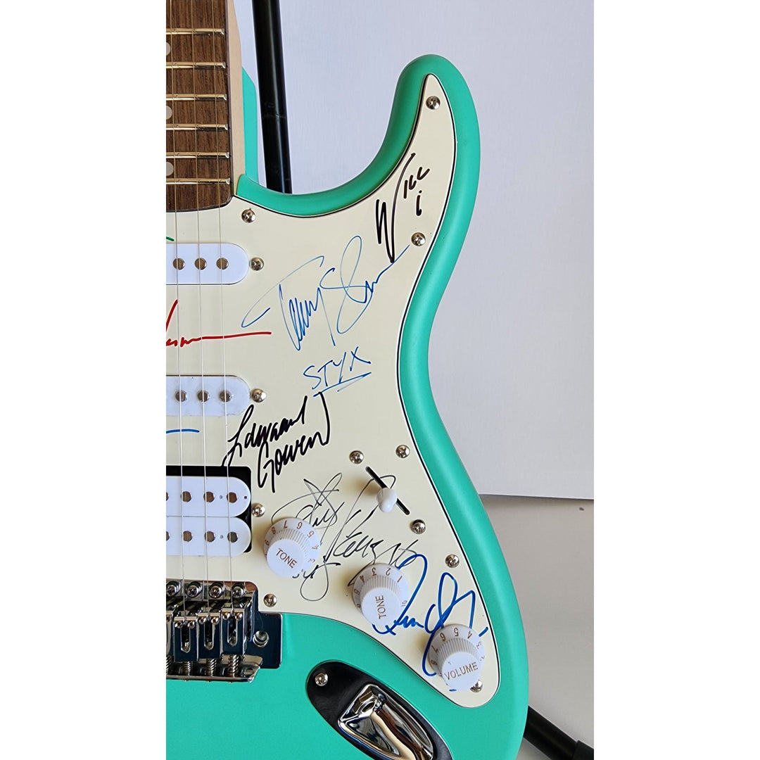 James Young, Tommy Shaw, Todd Sucherman, Lawrence Gowan, Will Evankovich, Terry Gowan Dennis DeYoung Fender Stratocaster signed with proof