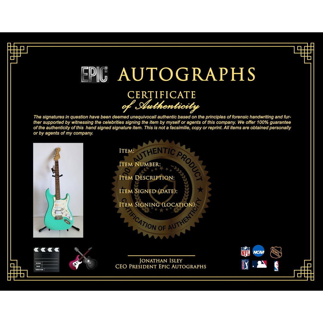 James Young, Tommy Shaw, Todd Sucherman, Lawrence Gowan, Will Evankovich, Terry Gowan Dennis DeYoung Fender Stratocaster signed with proof