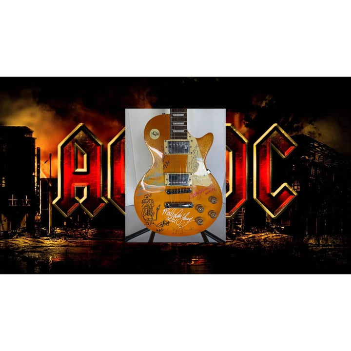 Electric guitar with a sunburst finish, set against a fiery, cityscape background with bold text.