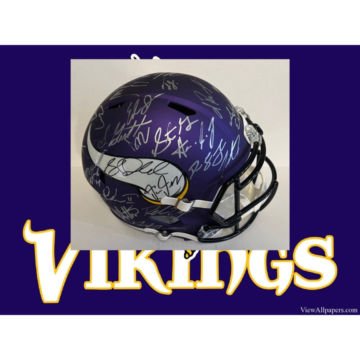 Sam darnold Justin Jefferson 2024 Minnesota Vikings Riddell full size helmet with over 40 signatures signed with proof