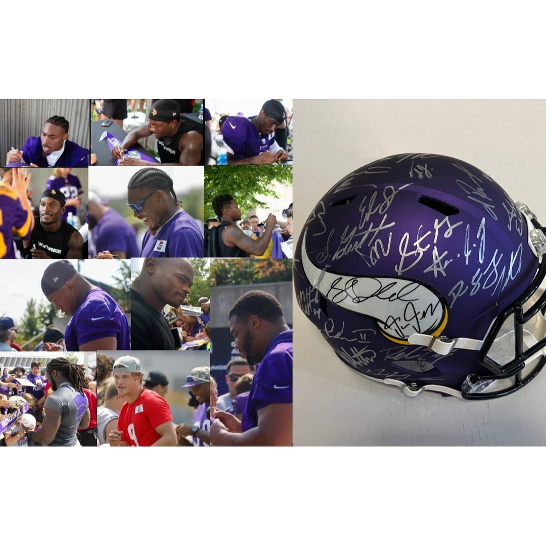 Sam darnold Justin Jefferson 2024 Minnesota Vikings Riddell full size helmet with over 40 signatures signed with proof