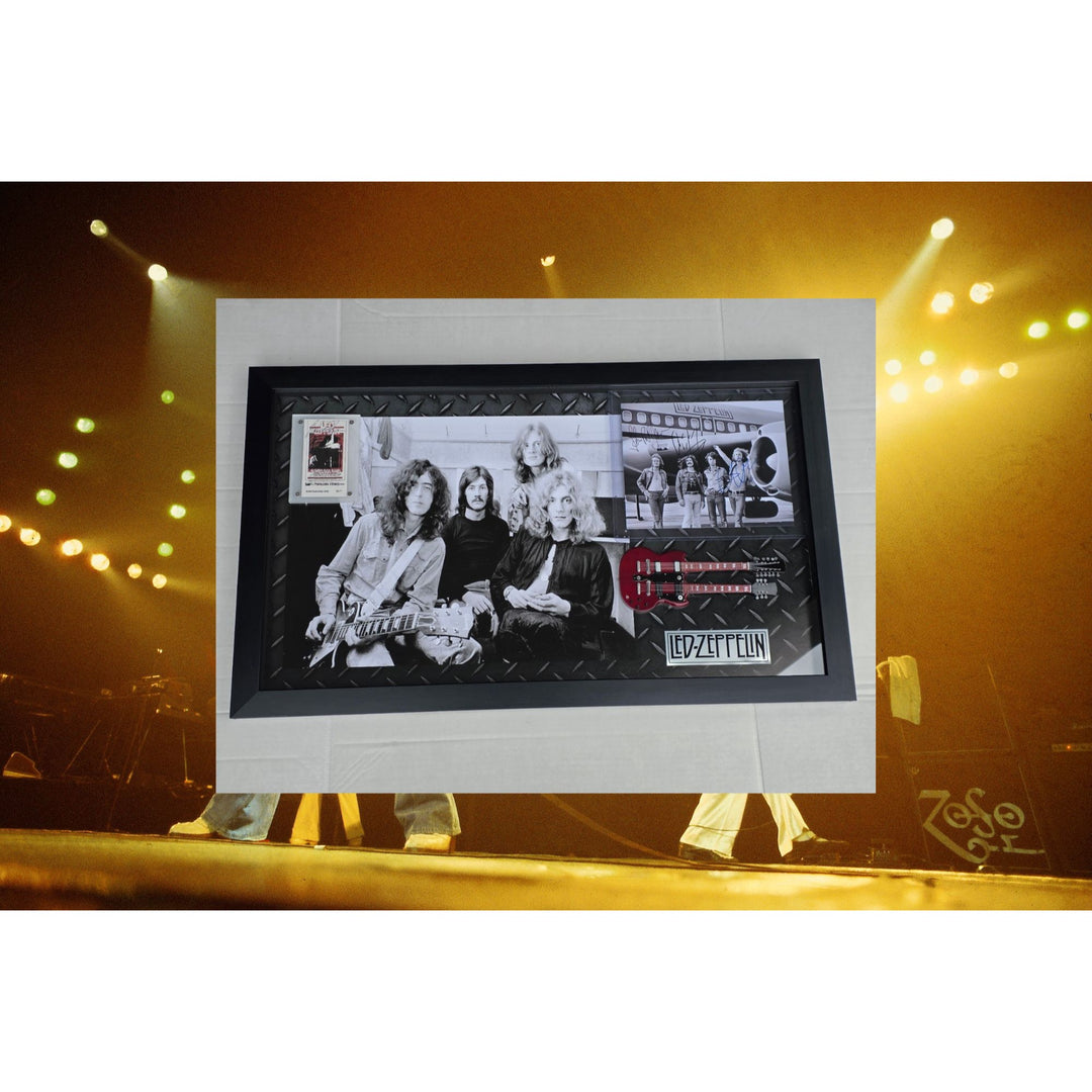 Jimmy Page Robert Plant John Bonham John Paul Jones signed and framed 8x10 and ticket.