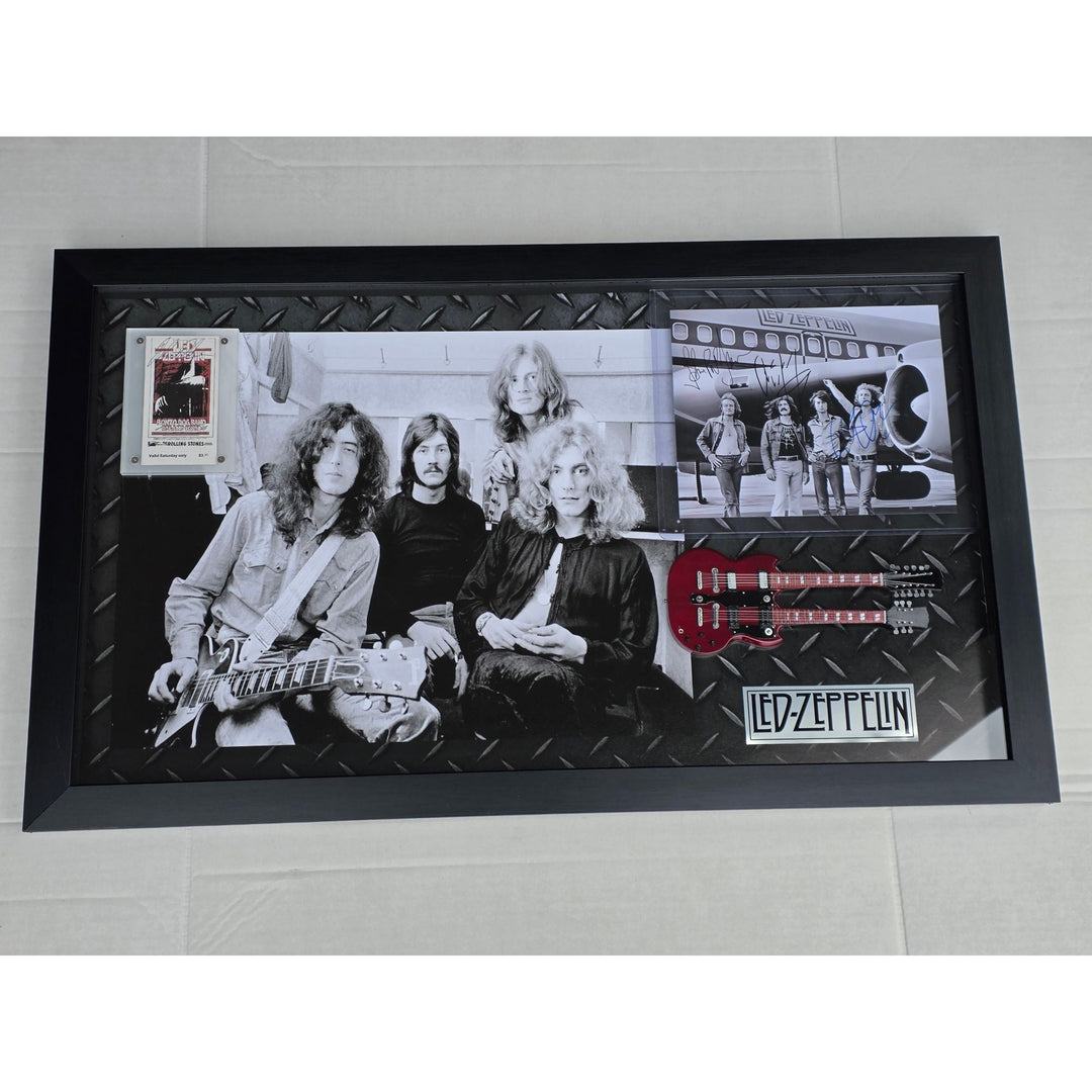 Jimmy Page Robert Plant John Bonham John Paul Jones signed and framed 8x10 and ticket.