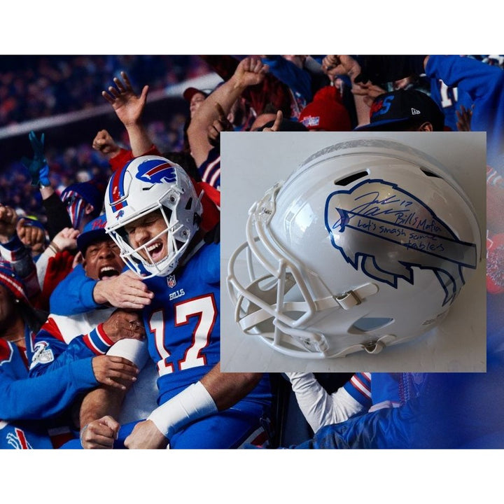 Buffalo Bills Josh Allen signed with inscription "Lets Smash some tables Bills Mafia "Riddell speed full size helmet signed with proof