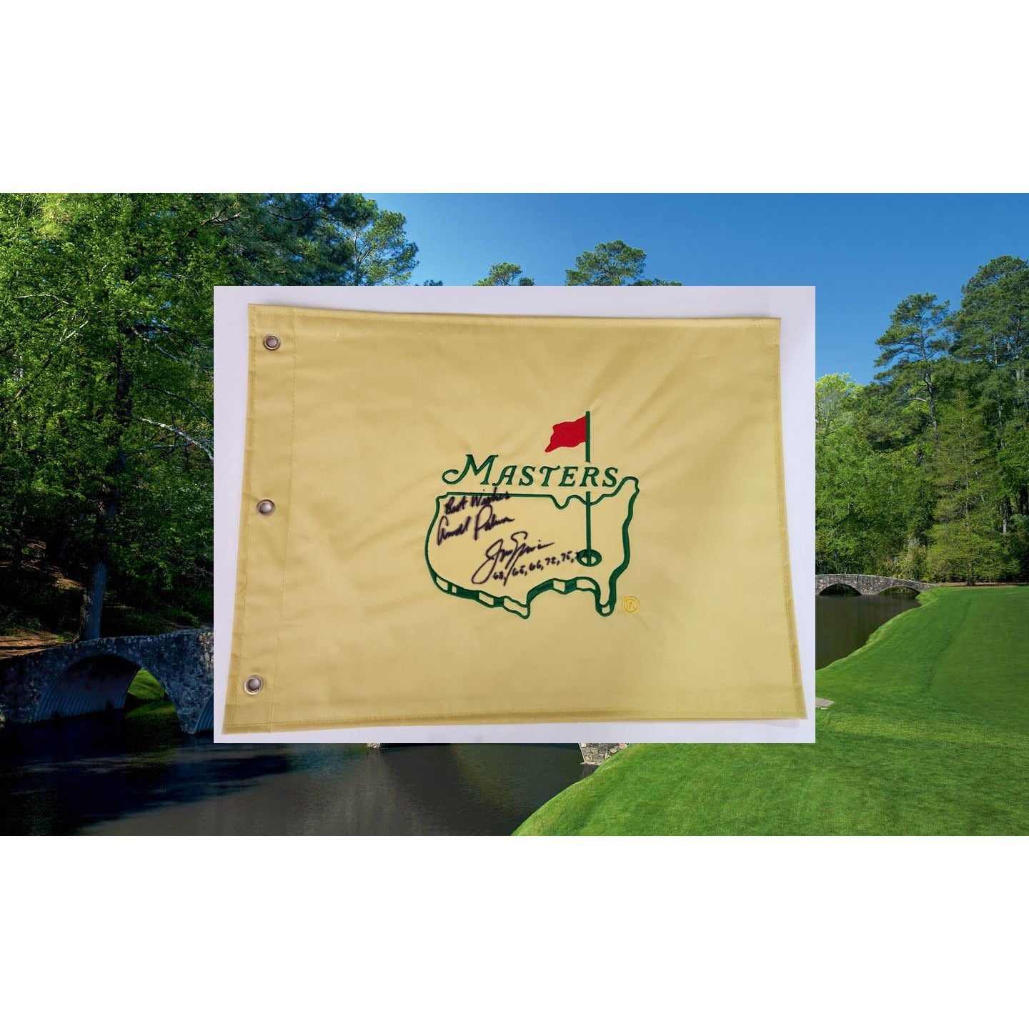 Jack Nicklaus and Arnold Palmer Masters Golf flag signed with proof