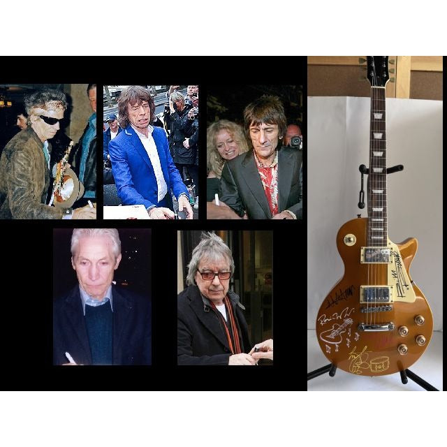 Rolling Stones Mick Jagger Ronnie Woods Charlie Watts Keith Richards Gold Les Paul  Electric full size quitar signed whit proff