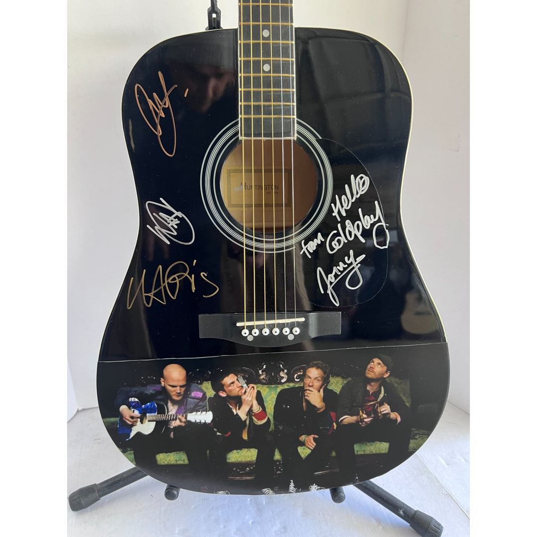 Coldplay Jonny Buckland Chris Martin Will Champion Guy Berryman  signed full size acoustic guitar with proof