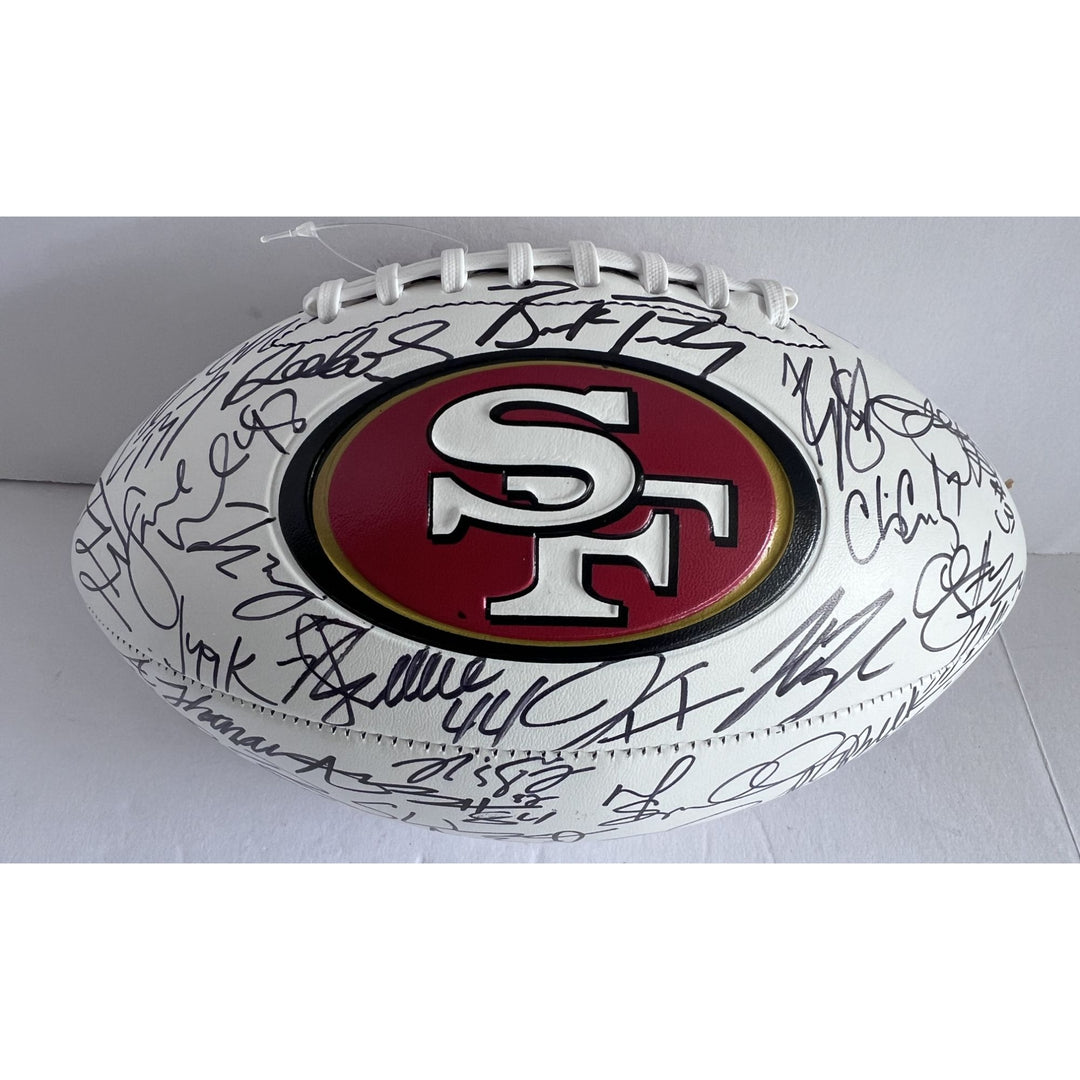 San Francisco 49ers 2023 24 Deebo Samuel, Brock Purdy Christian McCaffrey  full size team signed football with proof