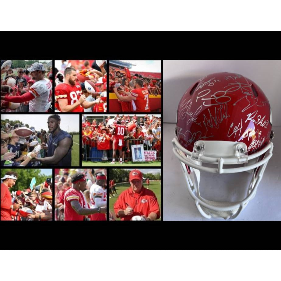 Patrick Mahomes Travis Kelce Andy Reid 2022-23 Super Bowl champion Kansas City Chiefs Riddell Speed Authentic team signed helmet signed