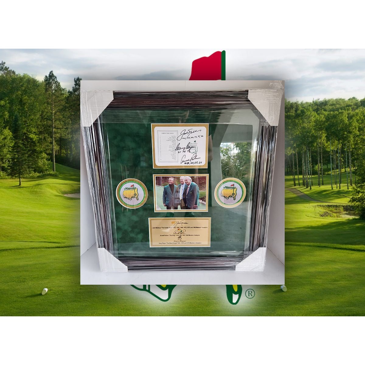 Jack Nicklaus Arnold Palmer Gary Player Masters Golf scorecard signed and framed 23.5x22.5 with proof