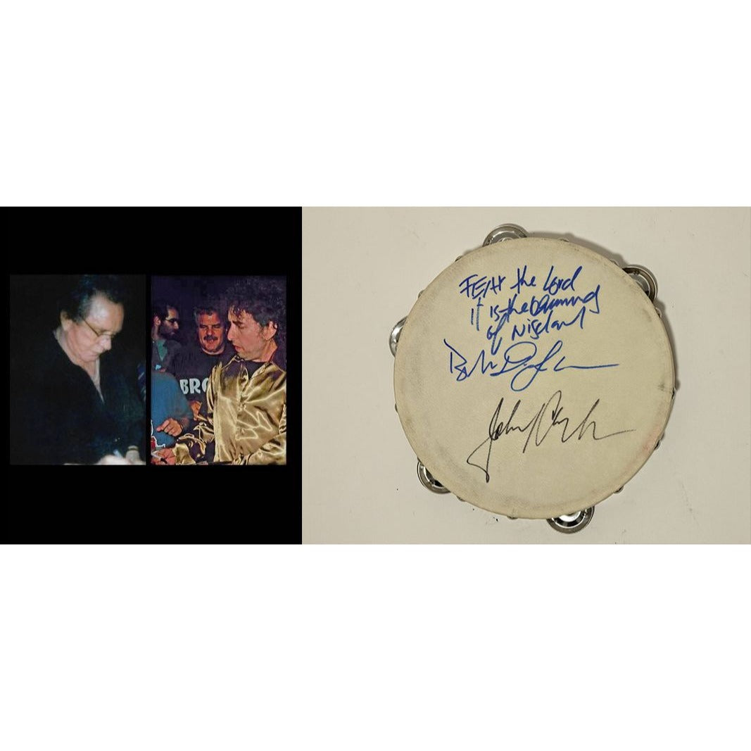 Bob Dylan with inscription and Johnny Cash  10inch' tambourine signed with proof