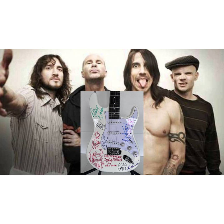 Anthony Kiedis Chad Smith Flea Red Hot Chili Peppers full size electric guitar signed and inscribed with proof.