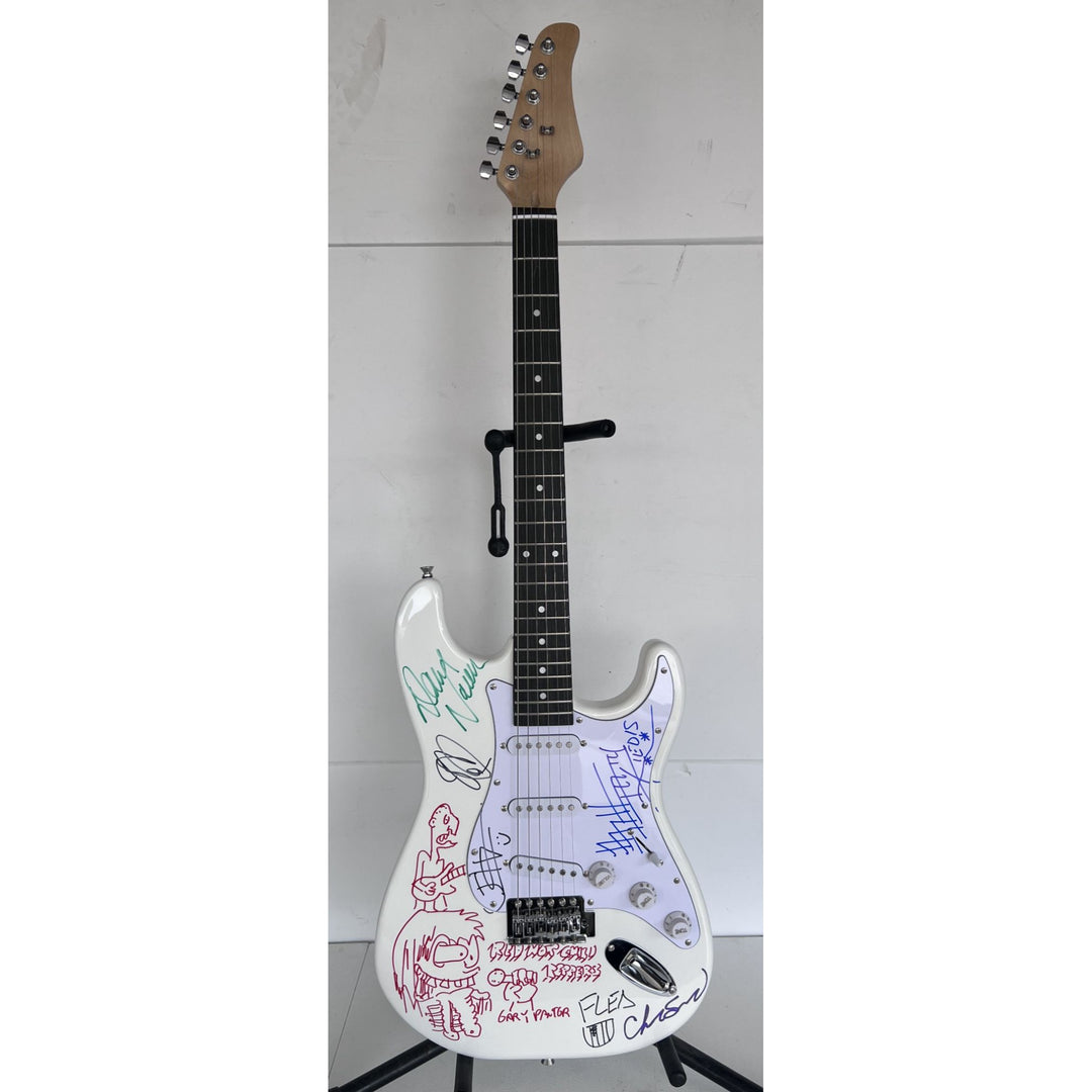 Anthony Kiedis Chad Smith Flea Red Hot Chili Peppers full size electric guitar signed and inscribed with proof.