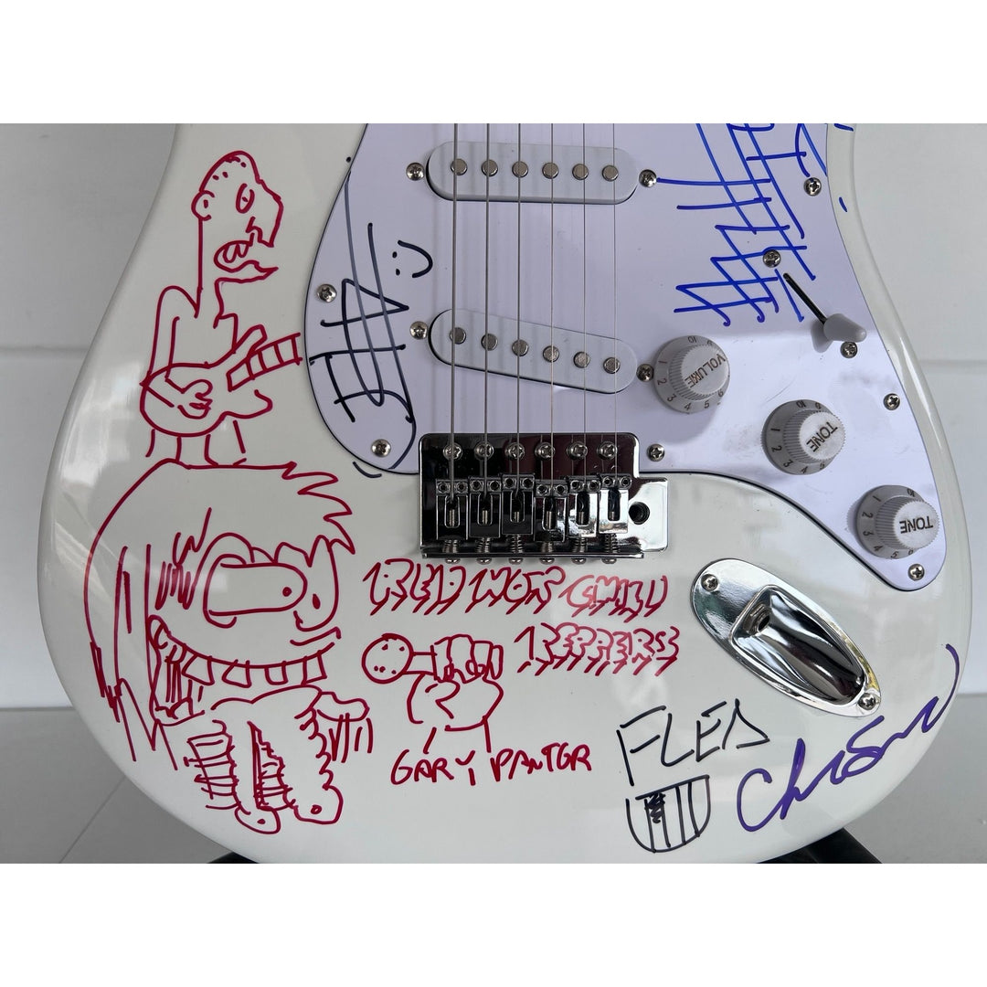 Anthony Kiedis Chad Smith Flea Red Hot Chili Peppers full size electric guitar signed and inscribed with proof.