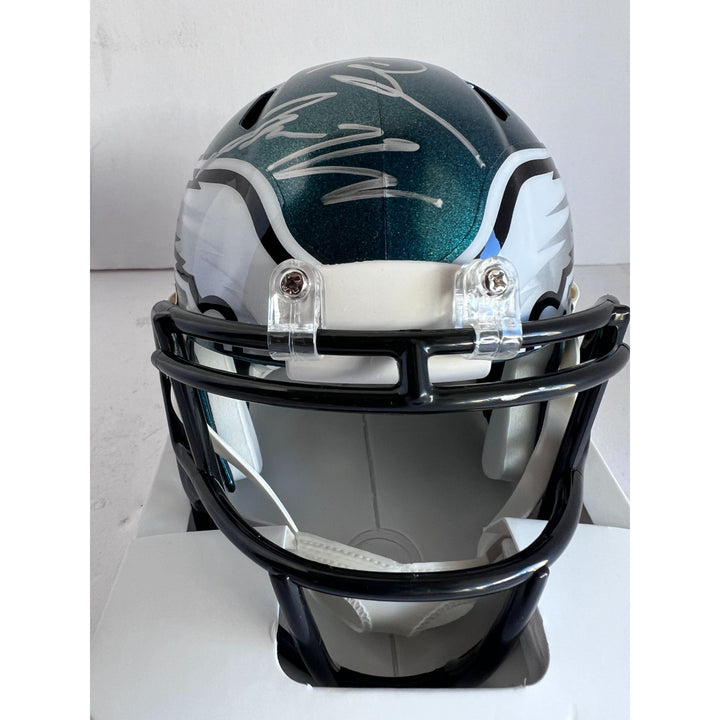 Philadelphia Eagles Jalen Hurts,  Devonta Smith Boston Scott Dallas Goedert AJ Brown Jason Kelce Riddell Mini helmet signed with proof