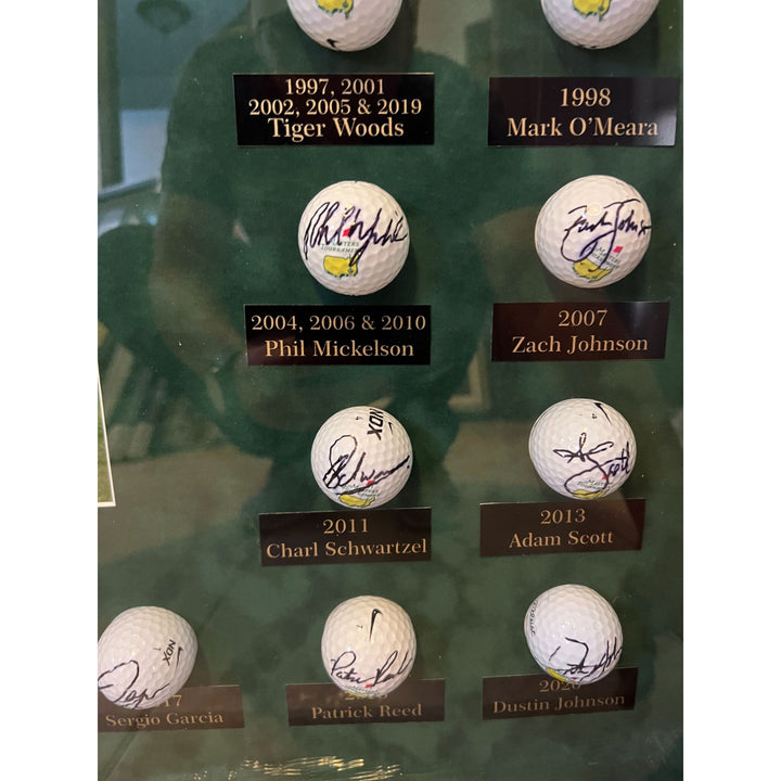 Masters Champions golf balls 44 in all Tiger Woods, Jack Nicklaus, Ben Hogan, Arnold Palmer framed and signed