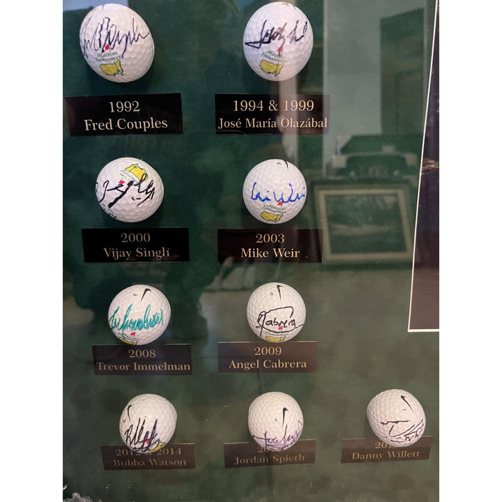 Masters Champions golf balls 44 in all Tiger Woods, Jack Nicklaus, Ben Hogan, Arnold Palmer framed and signed