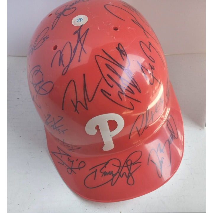 Philadelphia Phillies Chase Utley Ryan Howard Jimmy Rollins World Series champions full size batting helmet signed