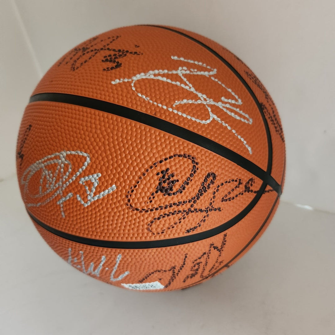 LeBron James, Nikola Jokic, Luka Doncic, Joel Embiid Steph Curry signed basketball with proof free display case