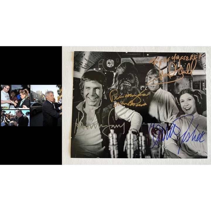 Star Wars Harrison Ford Mark Hamell Carrie Fisher and Peter Mayhew 8x10 photo signed with proof