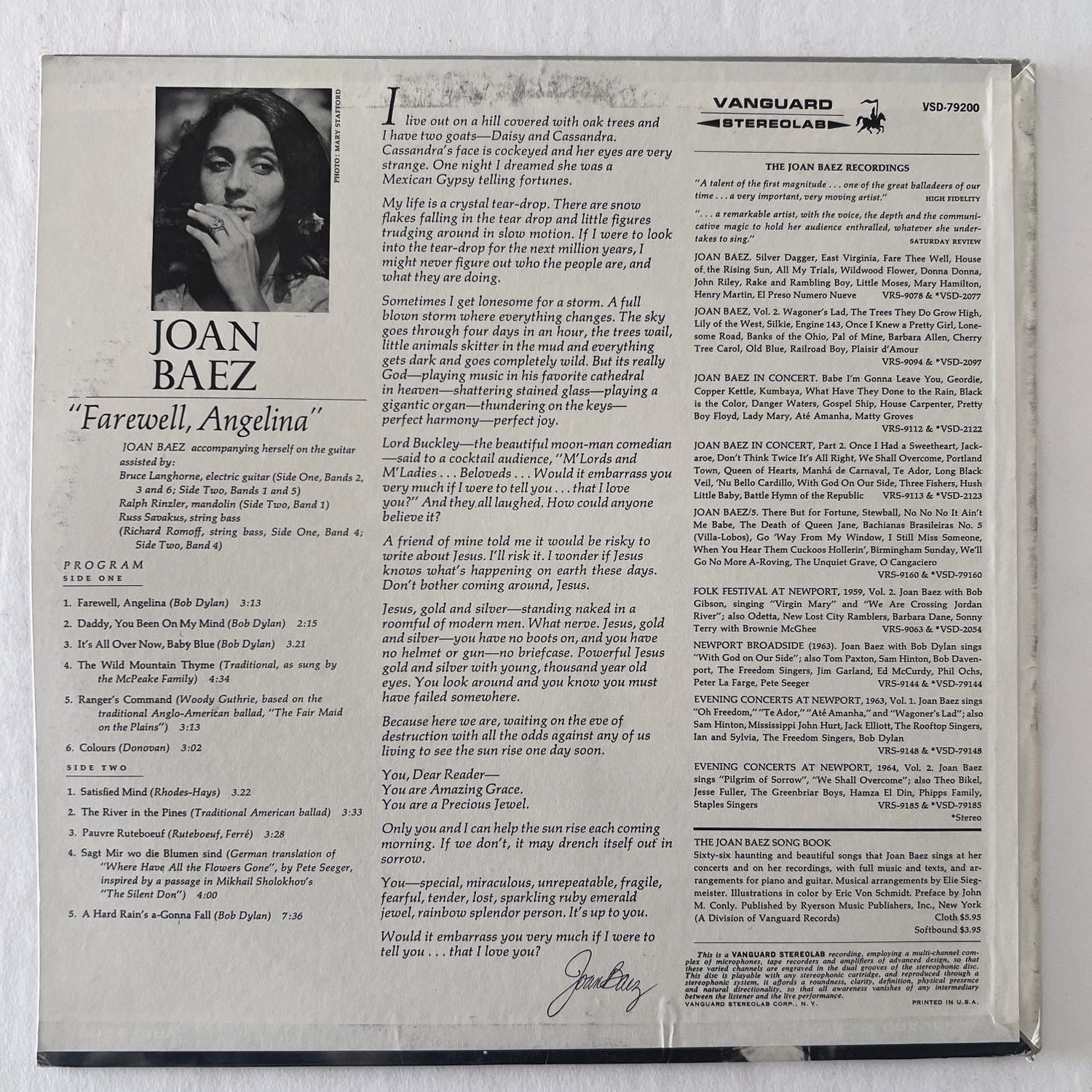 Joan Baez Farewell Angelina original lp signed with proof