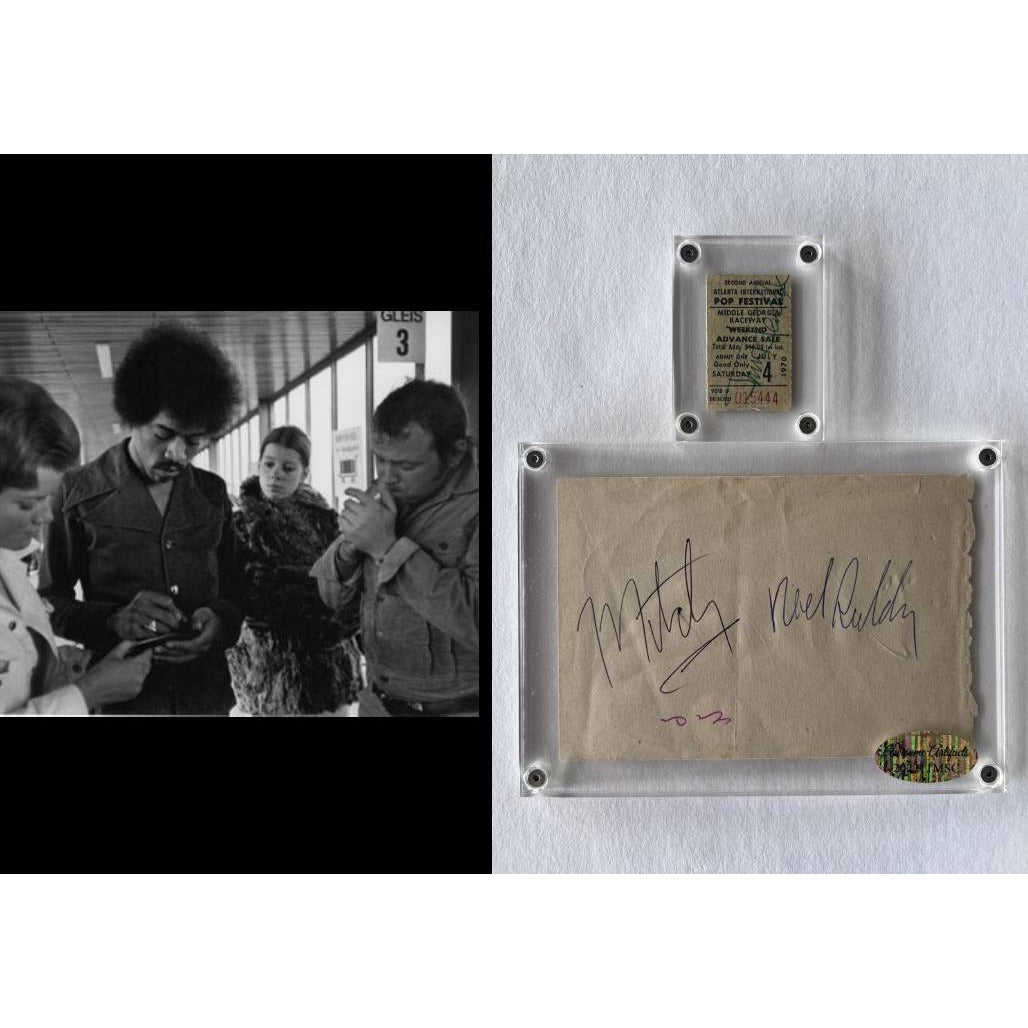 Jimi Hendrix, drummer Mitch Mitchell, and bassist Noel Redding signed autograph book and concert ticket with proof