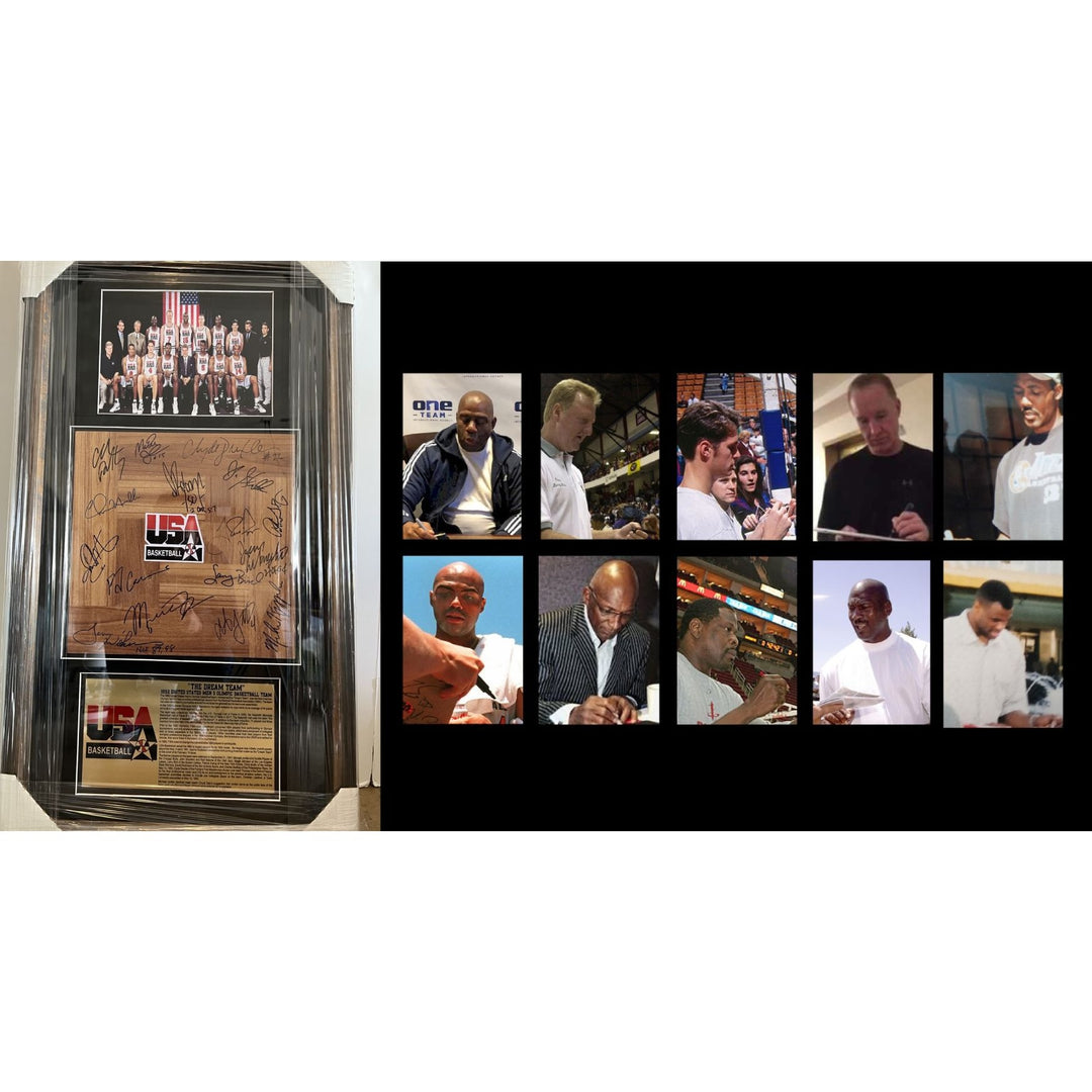 Michael Jordan Larry Bird Magic Johnson Charles Barkley 1992 Team USA Dream Team parquet wood floorboard signed and framed