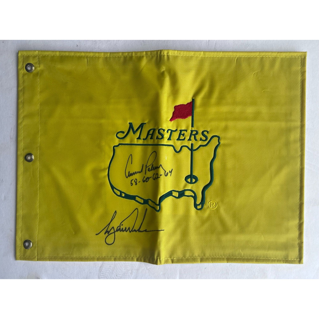 Arnold Palmer signed with Masters Victory inscription and Tiger Woods Masters embroidered pin flag signed with proof