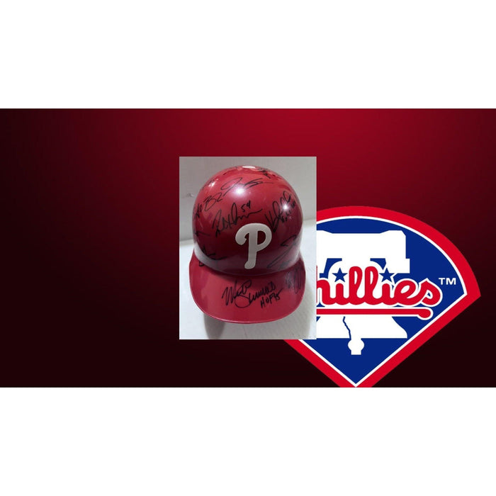 Philadelphia Phillies Bryce Harper, Mike Schmidt, Jim Thome, Kyle Schwarber, 2022 team signed full size helmet with proof