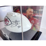 Load image into Gallery viewer, Travis Kelce Patrick Mahomes full size Kansas City Chiefs logo football with signed with proof and 14x9 acrylic display case
