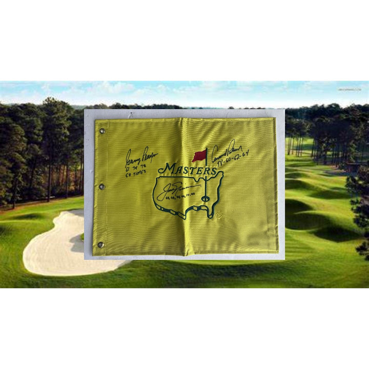 Jack Nicklaus Arnold Palmer Gary Player signed with Master's Championship inscriptions year of victory Masters pin flag with signing proof