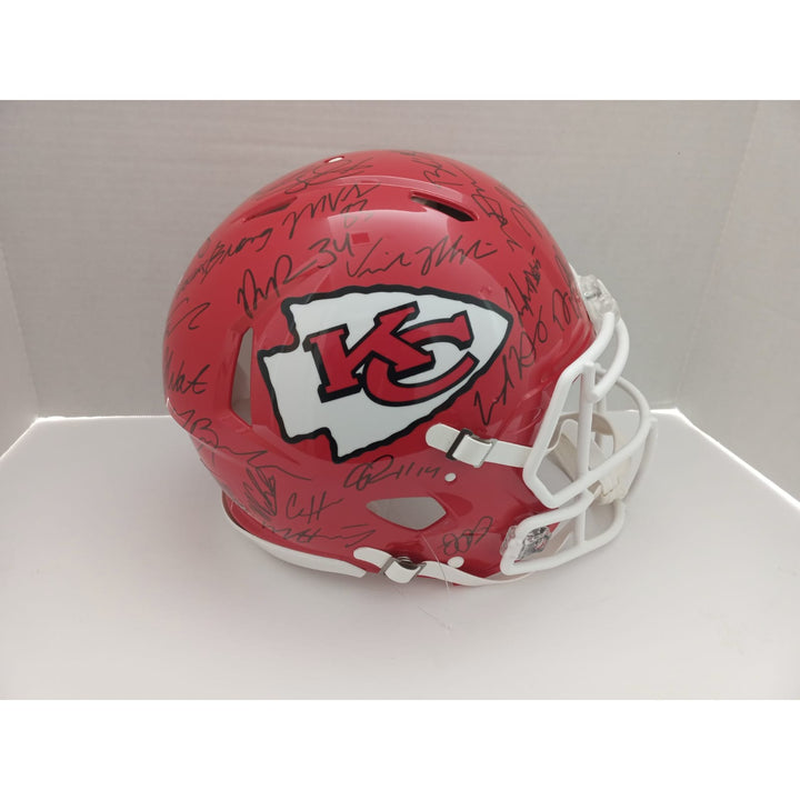 Kansas City Chiefs.Patrick Mahomes Travis Kelce Andy Reid 2023-24 Speed Riddell Authentic team helmet 40 sigs signed with proof