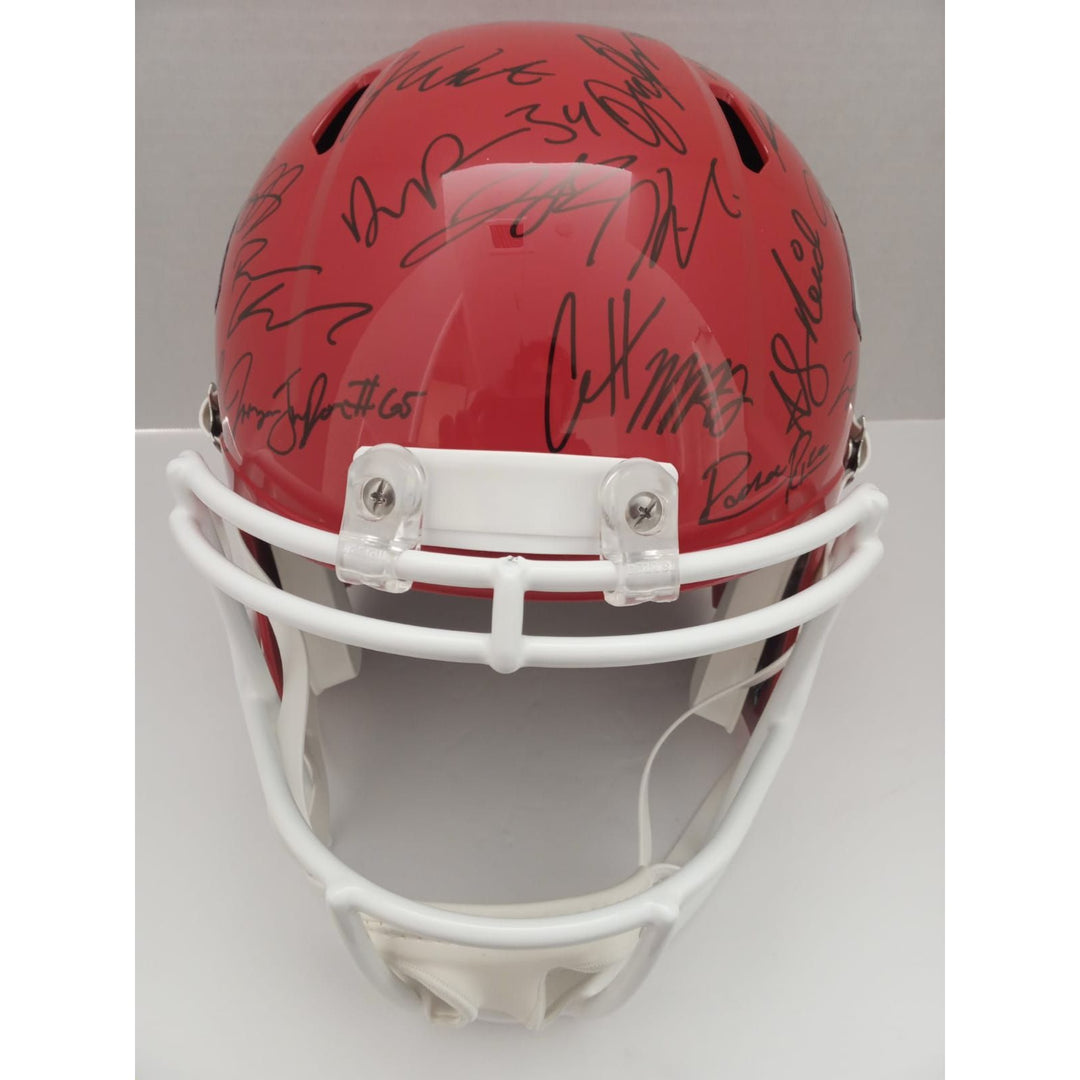 Kansas City Chiefs.Patrick Mahomes Travis Kelce Andy Reid 2023-24 Speed Riddell replica helmet 40 sigs signed with proof