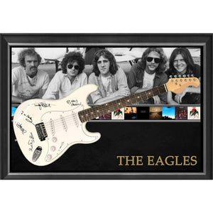 The Eagles Don Henley, Glenn Frey, Timothy B. Schmidt, Joe Walsh, Bernie Leadon Stratocaster electric guitar signed and framed with proof