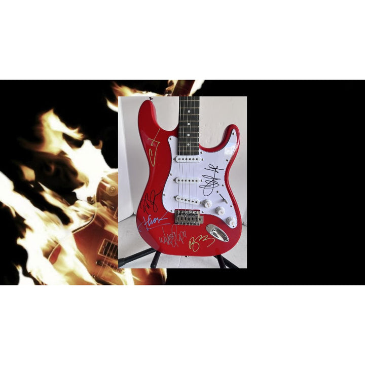 Linkin Park Chester Bennington Mike Shinoda Rob Bourdon Joe Hahn Brad Delson Red Electric Stratocaster signed with proof