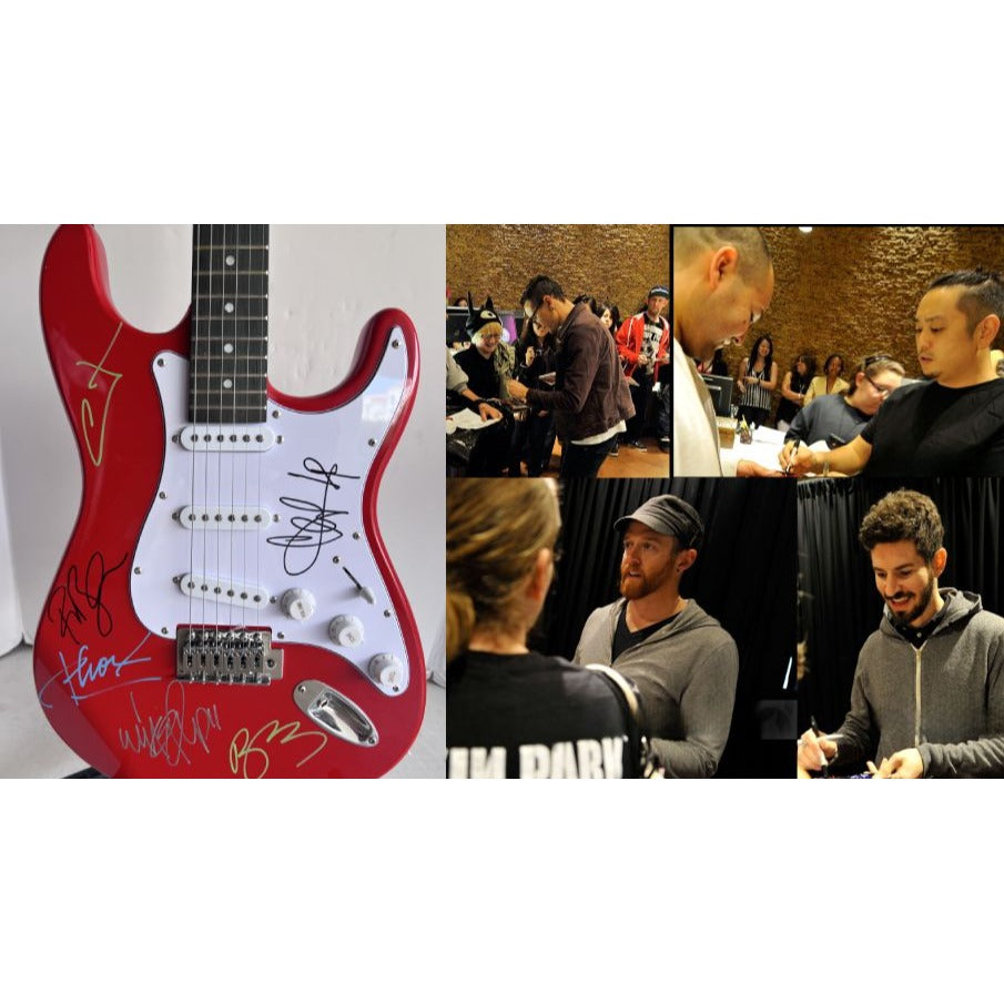 Linkin Park Chester Bennington Mike Shinoda Rob Bourdon Joe Hahn Brad Delson Red Electric Stratocaster signed with proof