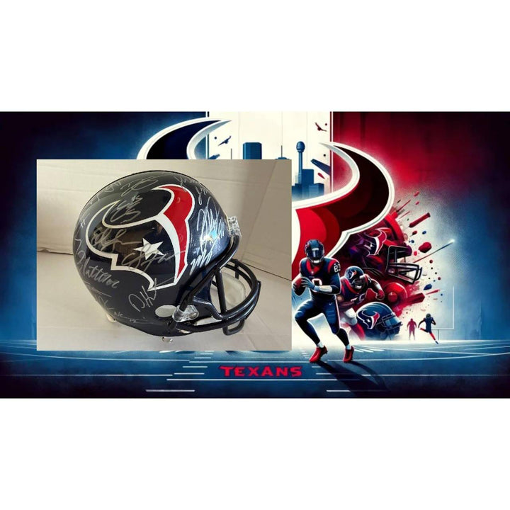 A black helmet with a red, white, and blue logo in front of a dynamic football team graphic.