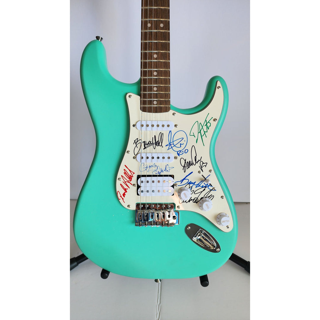 REO Speedwagon Bruce Hall, Dave Matto, Gary Richrath, Kevin Cronin, Neal Dought Fender Stratocaster Squier electric guitar signed with proof