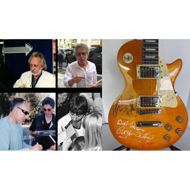 The Who Pete Townshend, Roger Daltrey, John Entwistle, Keith Moon gold les paul electric guitar signed with proof.