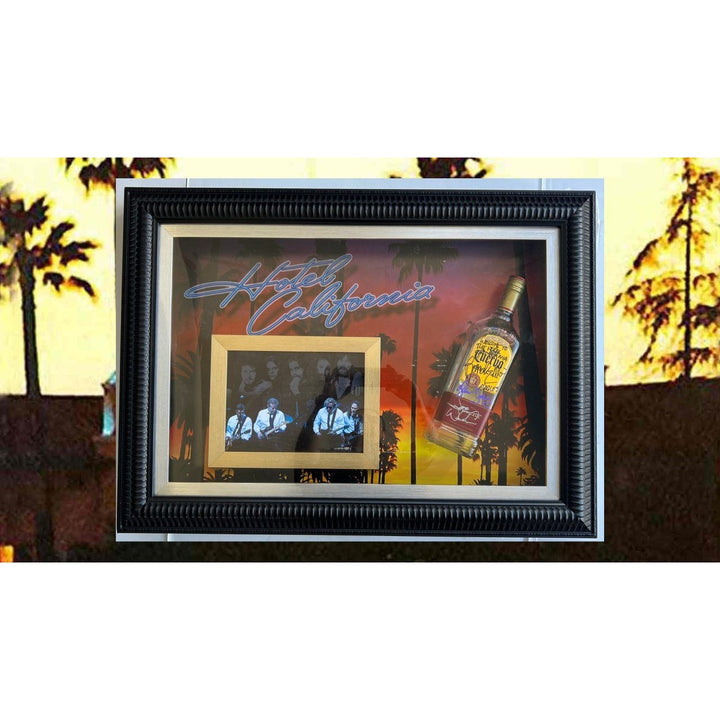 Don Henley, Glenn Frey, Don Felder, Joe Walsh, Randy Meisner 'Just Another Tequila Sunrise' Eagles tequila bottle signed & framed "22x30"
